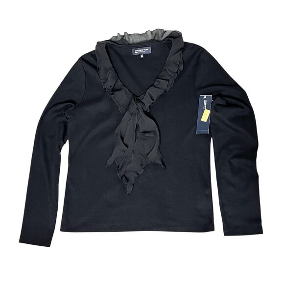 Jones New York Signature Top Womens Petite Large Ruffle Neck Cotton Knit Black - Picture 4 of 6